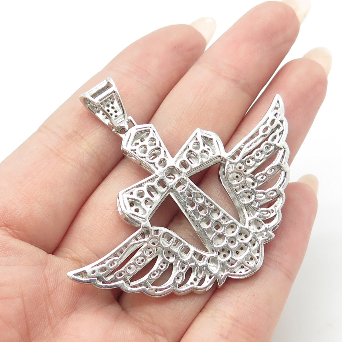 925 Sterling Silver Multi-Cut White C Z Cross & Angel Wings Pendant