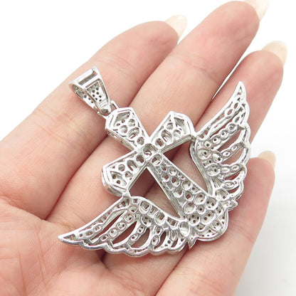 925 Sterling Silver Multi-Cut White C Z Cross & Angel Wings Pendant