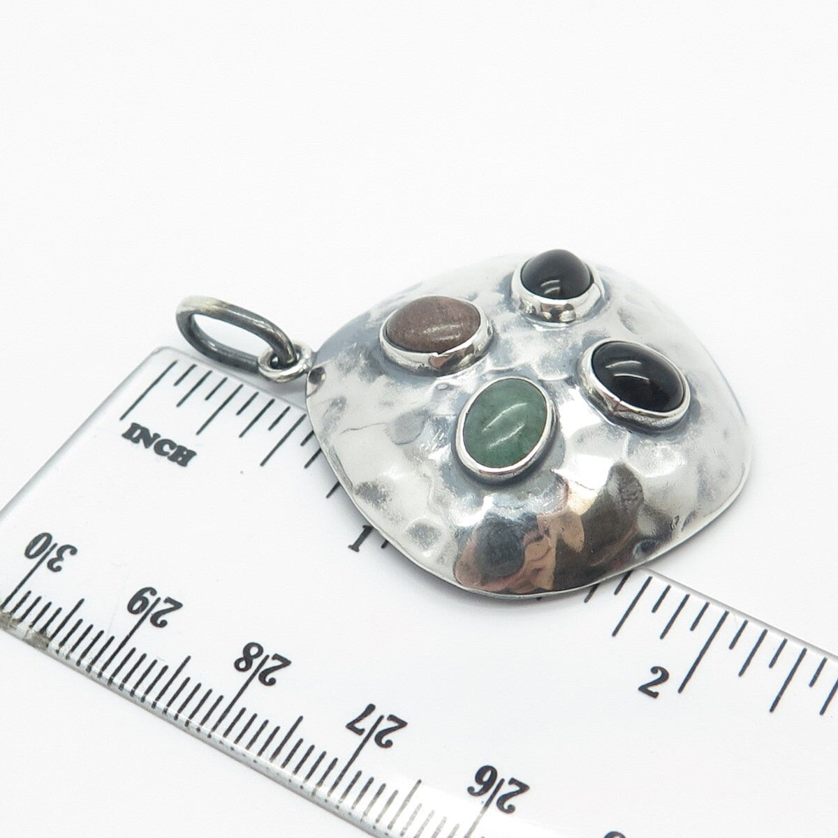 925 Sterling Silver Vintage Mexico Black Onyx Rhodonite & Aventurine Gem Pendant