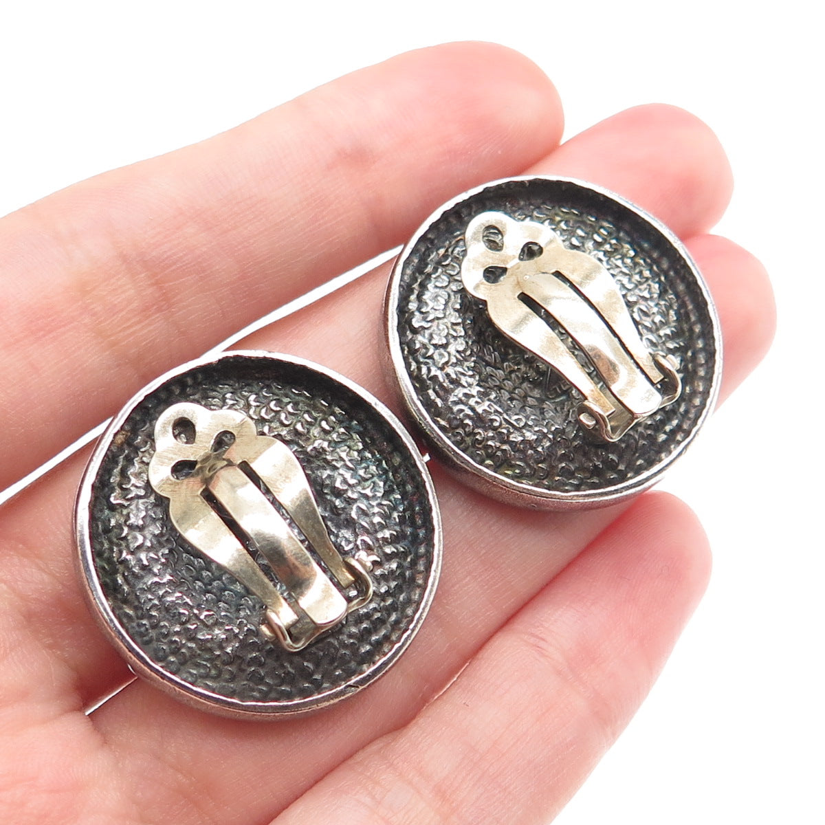 CHARLES M. ROBBINS Sterling Silver Vintage Modernist Oxidized Clip On Earrings