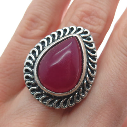 925 Sterling Silver Vintage Real Pear-Cut Rhodonite Oxidized Ring Size 8.75
