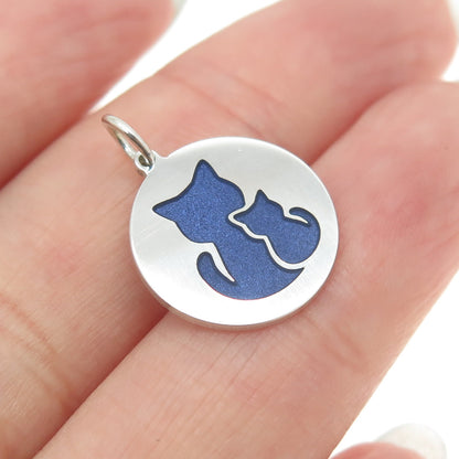 925 Sterling Silver Blue Enamel Mom & Child Cat Round Minimalist Charm Pendant