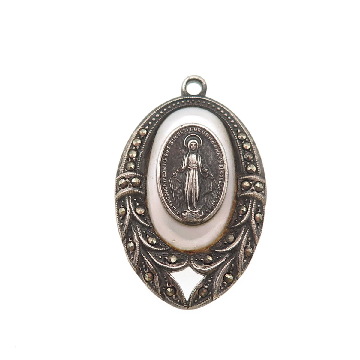 925 Sterling Silver Antique Art Deco Real MOP & Marcasite St. Mary Charm Pendant