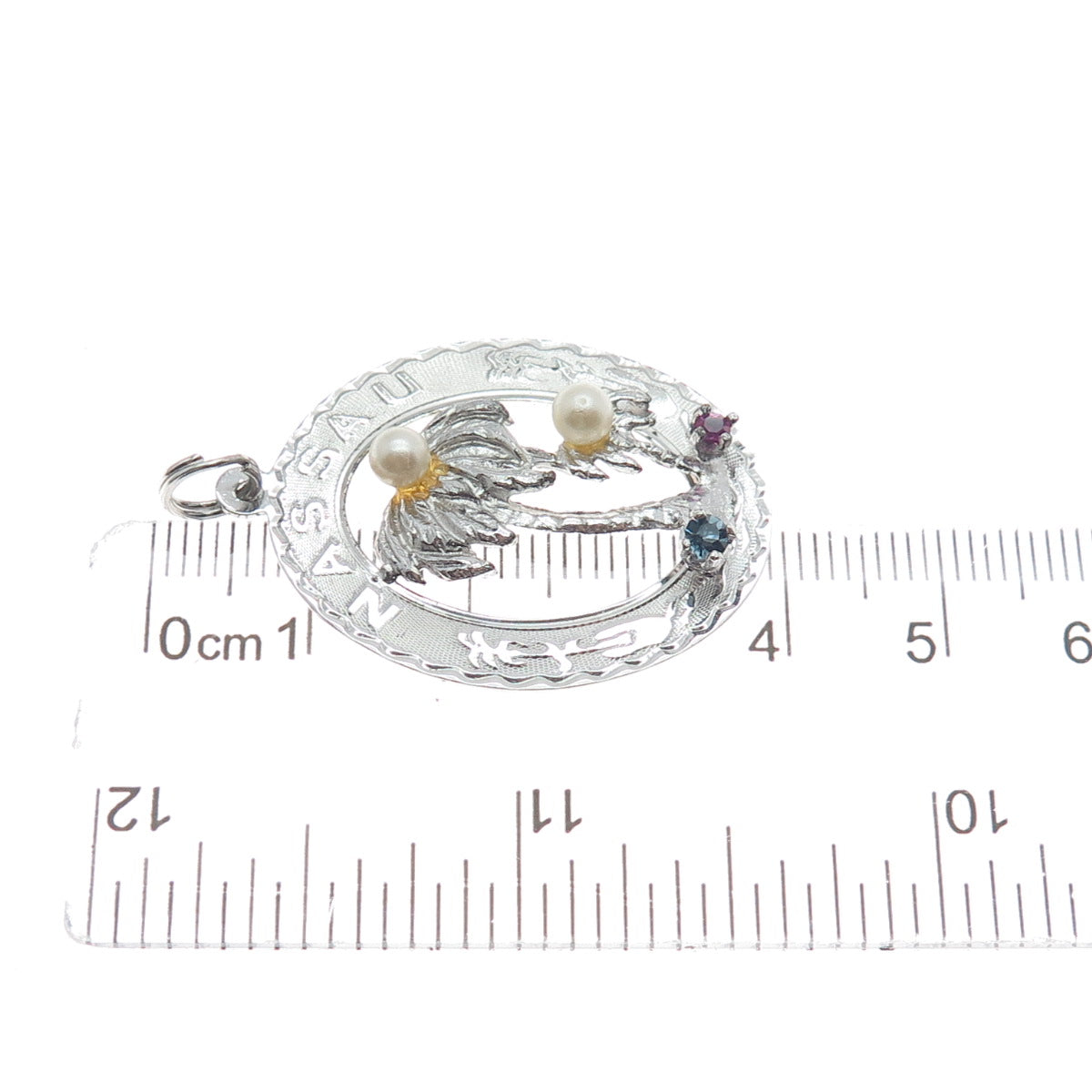 CREA 925 Sterling Silver Vintage Real Pearl Rhinestone Nassau Palm Tree Pendant