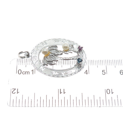 CREA 925 Sterling Silver Vintage Real Pearl Rhinestone Nassau Palm Tree Pendant