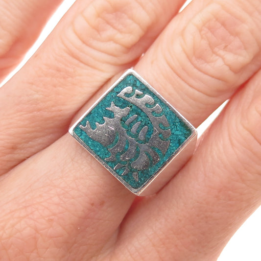 925 Sterling Vintage Mexico Real Turquoise Inlay Aztec Warrior Ring Size 10.25