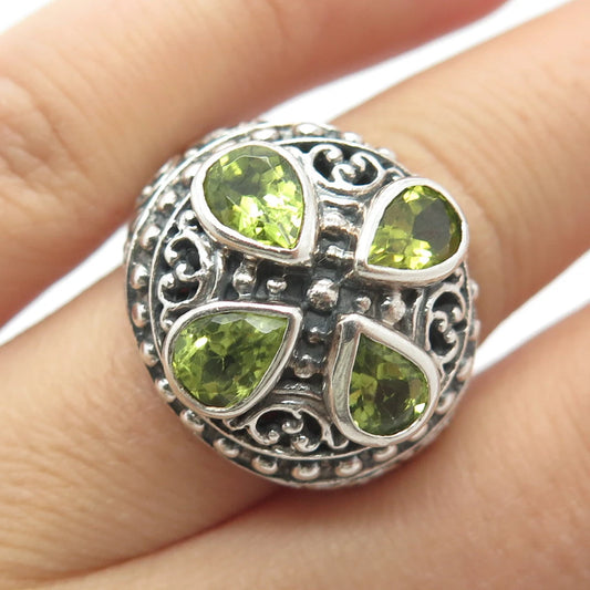 925 Sterling Silver Vintage Real Peridot Gemstone Ornate Domed Ring Size 6.5