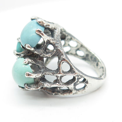 925 Sterling Silver Vintage Real Turquoise Gemstone Modernist Ring Size 6.25