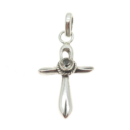 925 Sterling Silver Vintage Real White Topaz Gemstone Cross Pendant