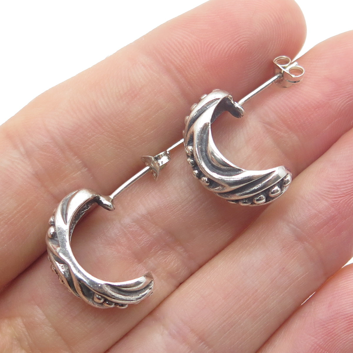 925 Sterling Silver Vintage Granulated Ornate Oxidized Half Hoop Earrings