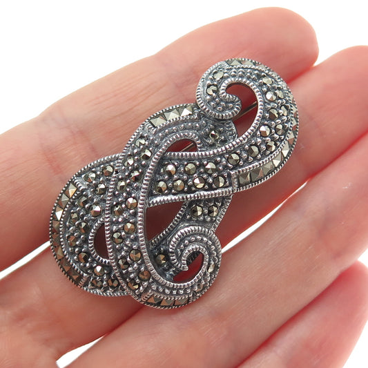 JUDITH JACK 925 Sterling Silver Vintage Real Marcasite Swirl Oxidized Pin Brooch
