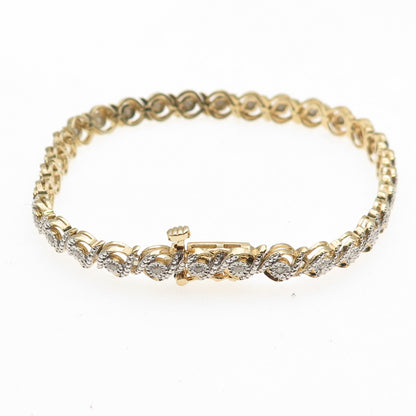 925 Sterling Silver Gold Plated Real Diamond Swirl Tennis Link Bracelet 7.25"