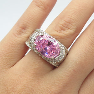 925 Sterling Silver Oval & Round-Cut Pink & White C Z Ring Size 7.25