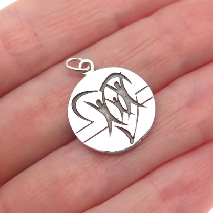 925 Sterling Silver Vintage Family Heart Round Tag Mini Charm Pendant