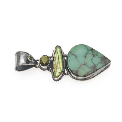925 Sterling Silver Vintage Real Turquoise Pearl Tourmaline & Peridot Pendant