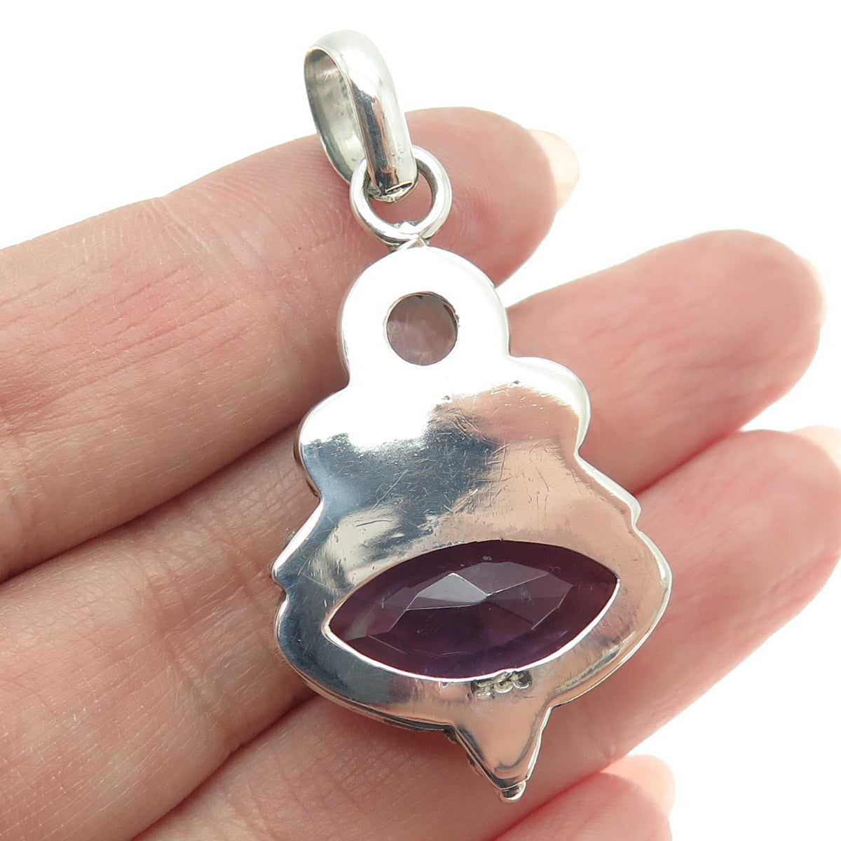 925 Sterling Silver Vintage Real Amethyst & Moonstone Gem Boho/Ethnic Pendant