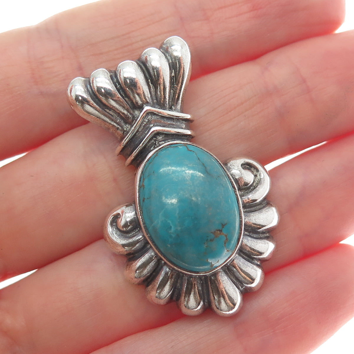 925 Sterling Silver Vintage Southwestern Real Kingman Turquoise Oxidized Pendant