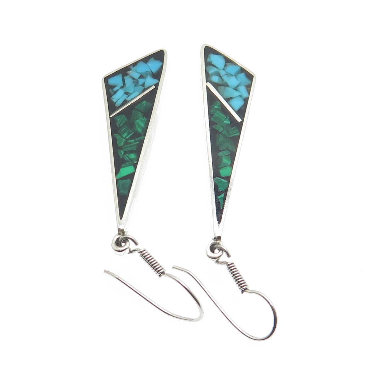 925 Sterling Silver Vintage Mexico Real Turquoise & Malachite Inlay Earrings