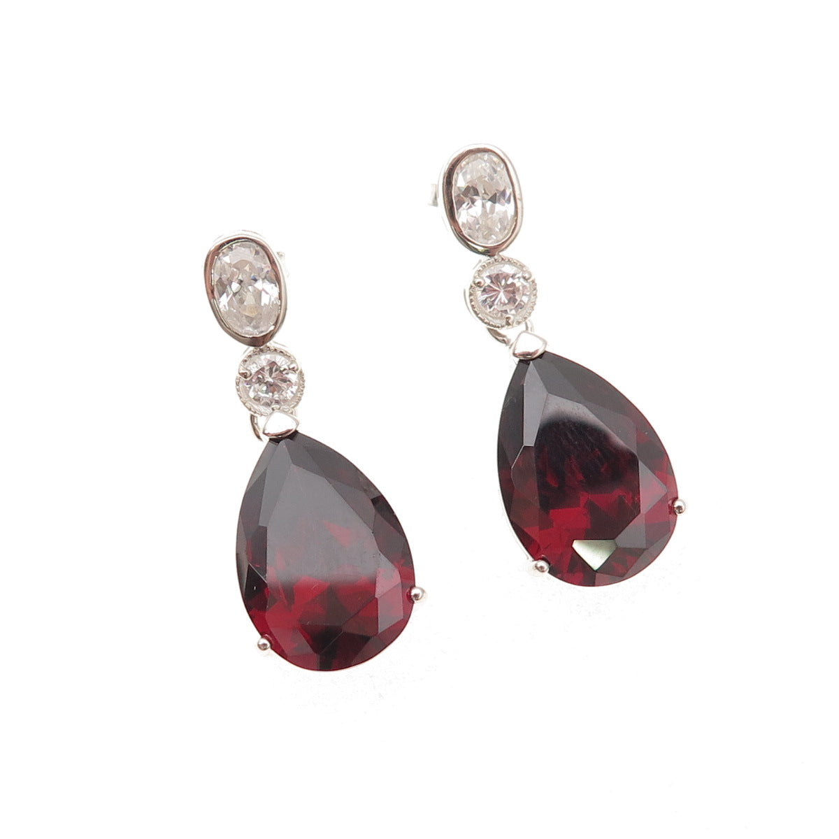 925 Sterling Silver Vintage Real Red Garnet & C Z Teardrop Dangle Earrings
