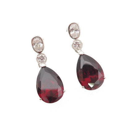925 Sterling Silver Vintage Real Red Garnet & C Z Teardrop Dangle Earrings
