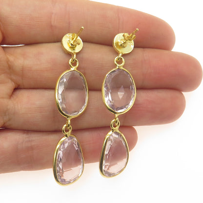 925 Sterling Silver Gold Plated Vintage Amethyst Modernist Dangle Earrings