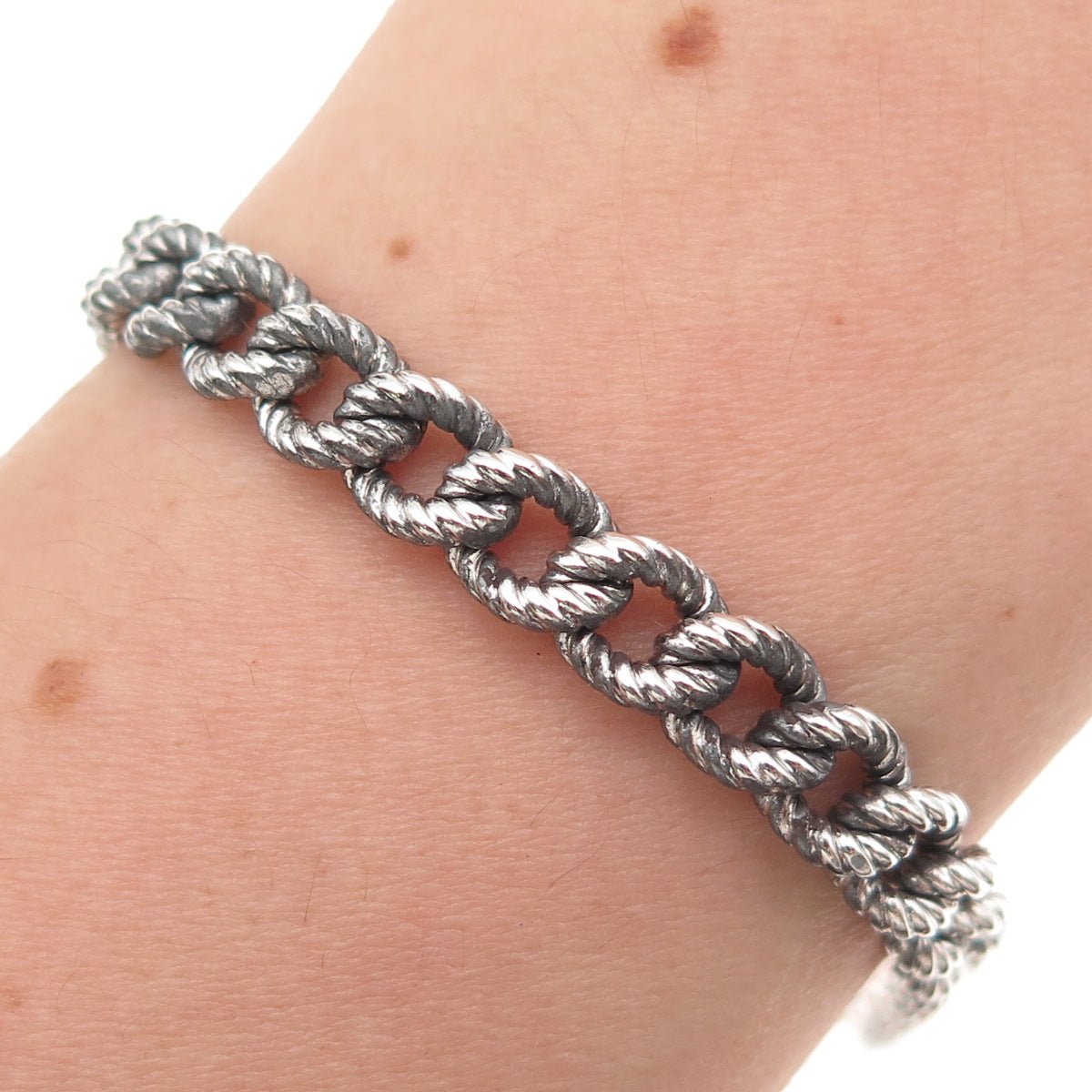 925 Sterling Silver Antique Art Deco Oxidized Curb Link Bracelet 7.5"