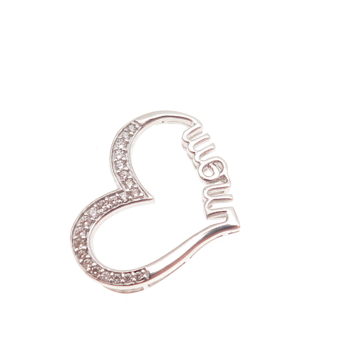 925 Sterling Silver Round-Cut C Z Mom Heart Mini Slide Charm Pendant