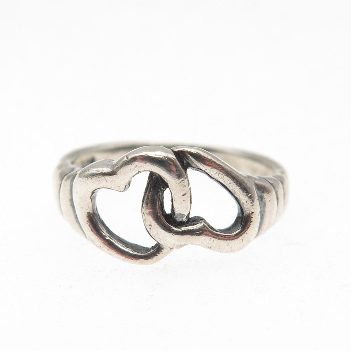 925 Sterling Silver Vintage Modernist Interlocked Heart Ring Size 7.75