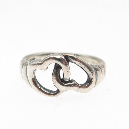 925 Sterling Silver Vintage Modernist Interlocked Heart Ring Size 7.75