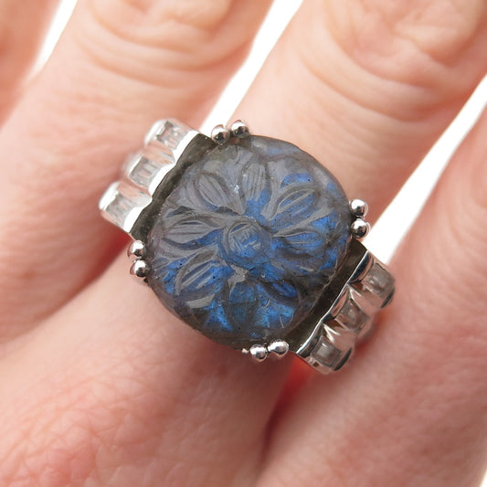 925 Sterling Silver Real Labradorite & White Topaz Carved Flower Ring Size 6.25