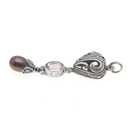 CHAPAL ZENRAY 925 Sterling Silver Vintage Real Pearl & Amethyst Oxidized Pendant