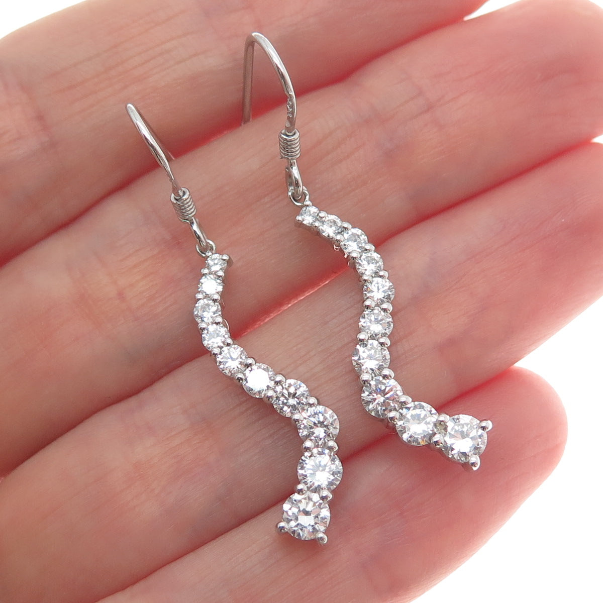 925 Sterling Silver Round-Cut Shaped C Z Journey Dangling Earrings