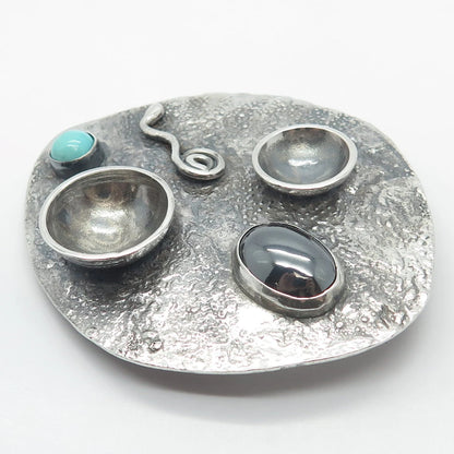 Vintage Sterling Silver Real Turquoise & Hematite Gem Modernist Pin Brooch