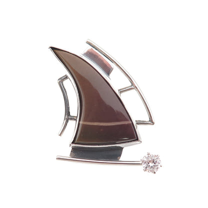 925 Sterling Silver Vintage Real Jasper & C Z Modernist Sailboat Slide Pendant