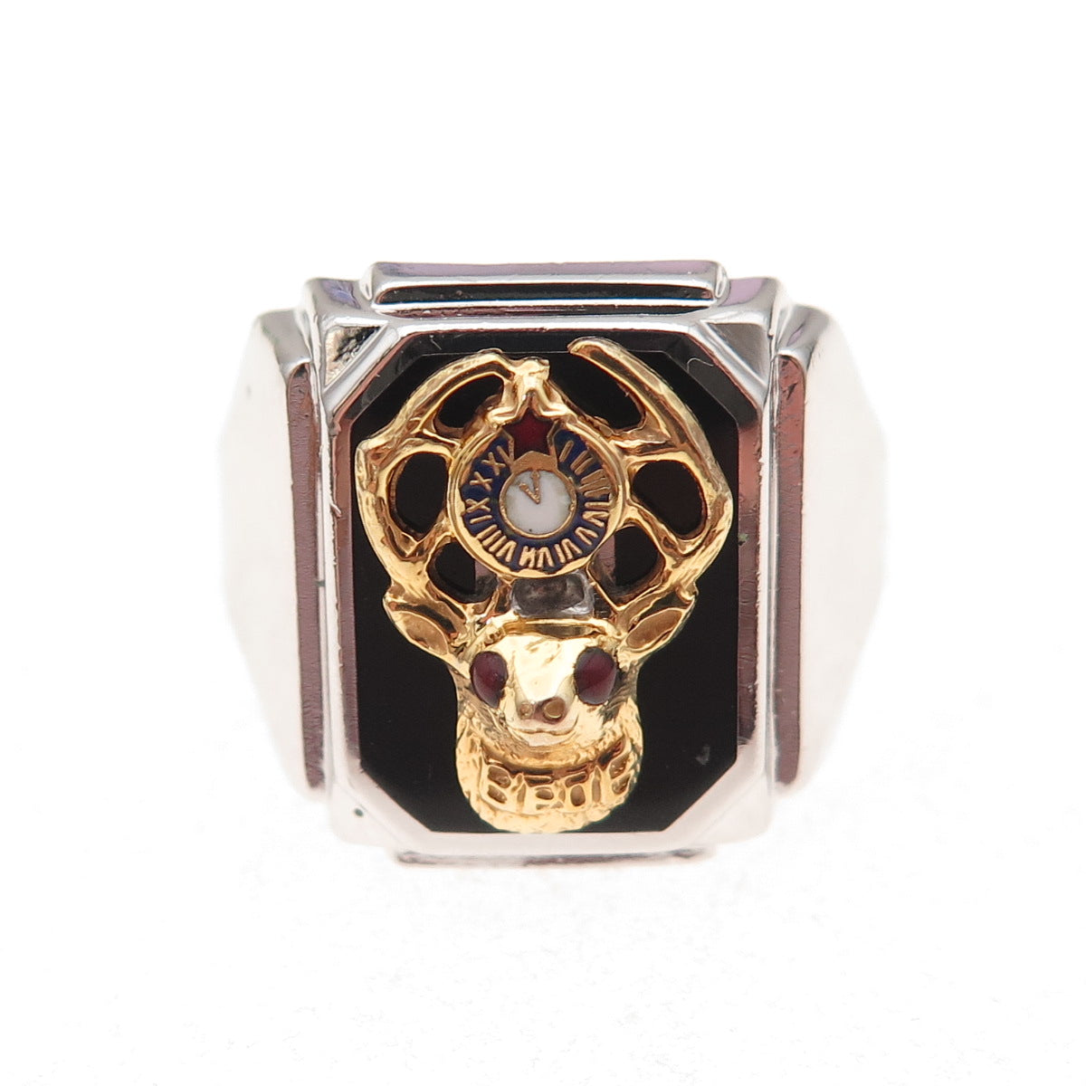 Clark & Coombs Sterling Silver 2-Tone Antique Enamel Order of Elk Ring Size 9.25