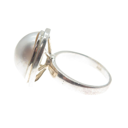925 Sterling Silver Vintage Real Pearl Oxidized Ring Size 5.25