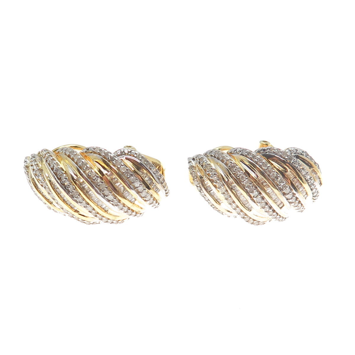 SUN 925 Sterling Silver Gold Plated Real White Diamond Wavy Omega Back Earrings