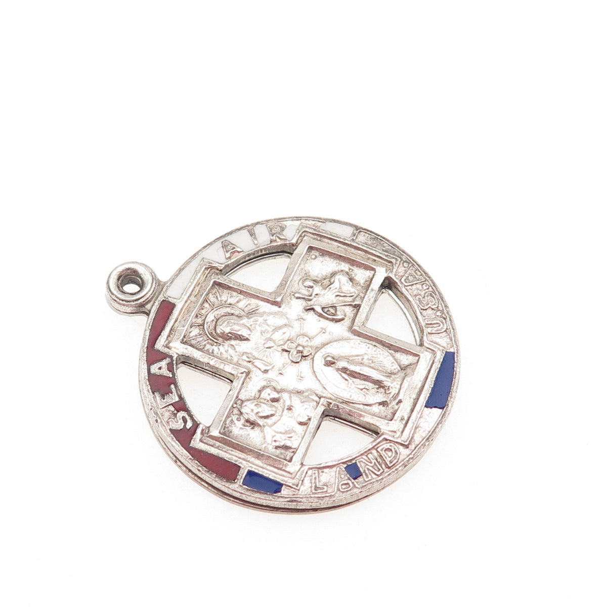 CHAPEL Sterling Antique Enamel Land Sea Air Four-Way Cross Medal Slide Pendant