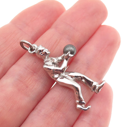 Cellini 925 Sterling Silver Vintage Faux Pearl Bowling Player 3D Charm Pendant