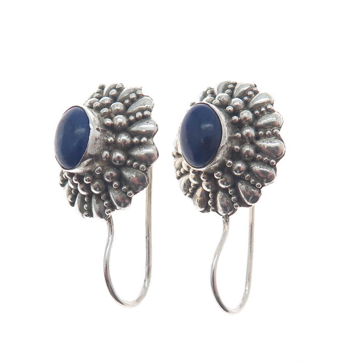 925 Sterling Silver Vintage Real Lapis Lazuli Beaded Floral Oxidized Earrings