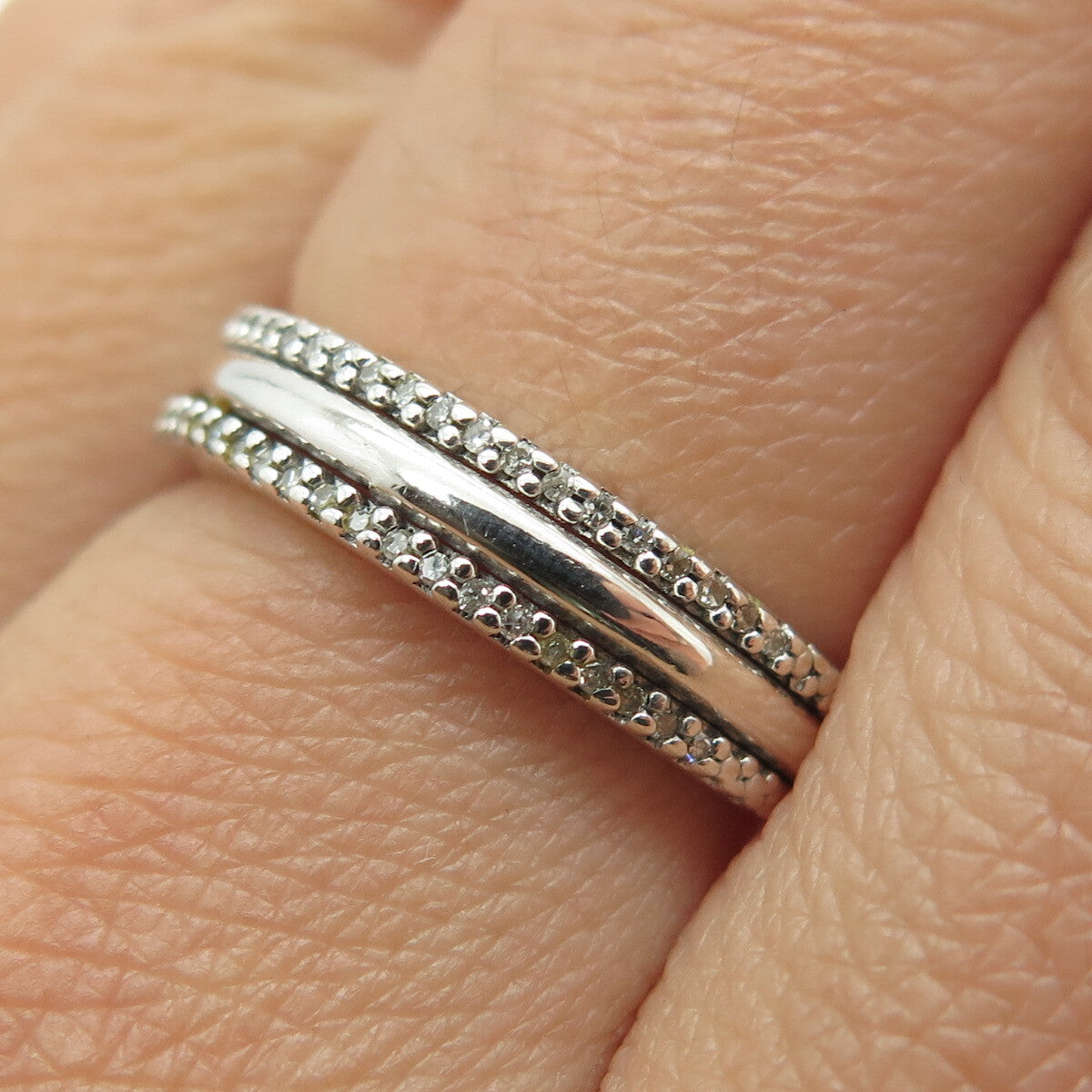 SUN 925 Sterling Silver Real Round-Cut Diamond Multi-Row Ring Size 7