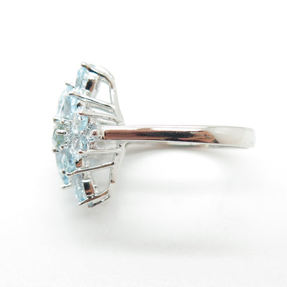 925 Sterling Silver Real Oval & Round-Cut Blue Topaz Cluster Ring Size 6.25