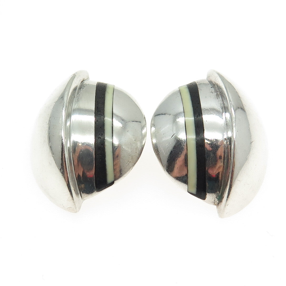 925 Sterling Silver VSS Vintage White & Black Onyx Modernist Clip On Earrings
