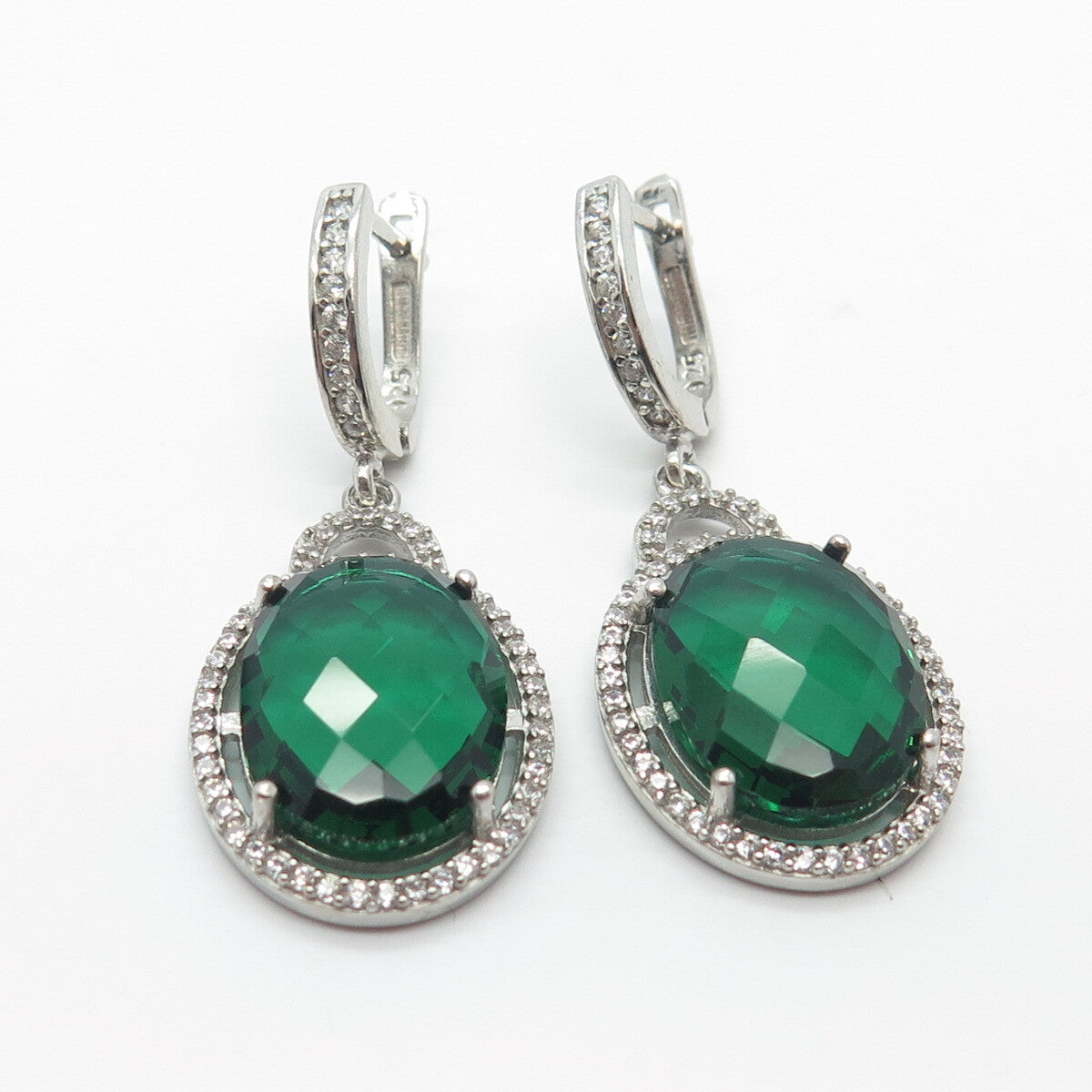 925 Sterling Silver White & Green C Z Dangling Earrings