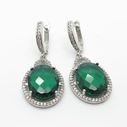 925 Sterling Silver White & Green C Z Dangling Earrings