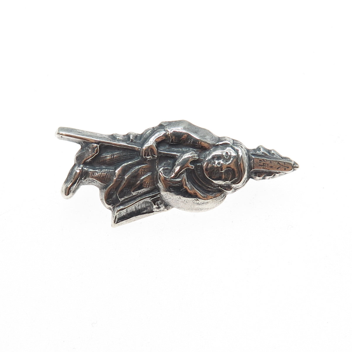 925 Sterling Silver Antique Japanese Fukurojin Oxidized Hollow Pin Brooch