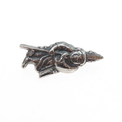 925 Sterling Silver Antique Japanese Fukurojin Oxidized Hollow Pin Brooch