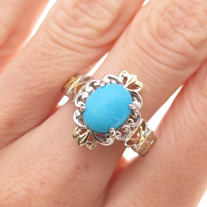 925 Sterling Silver 2-Tone Real Sleeping Beauty Turquoise Floral Ring Size 8.25