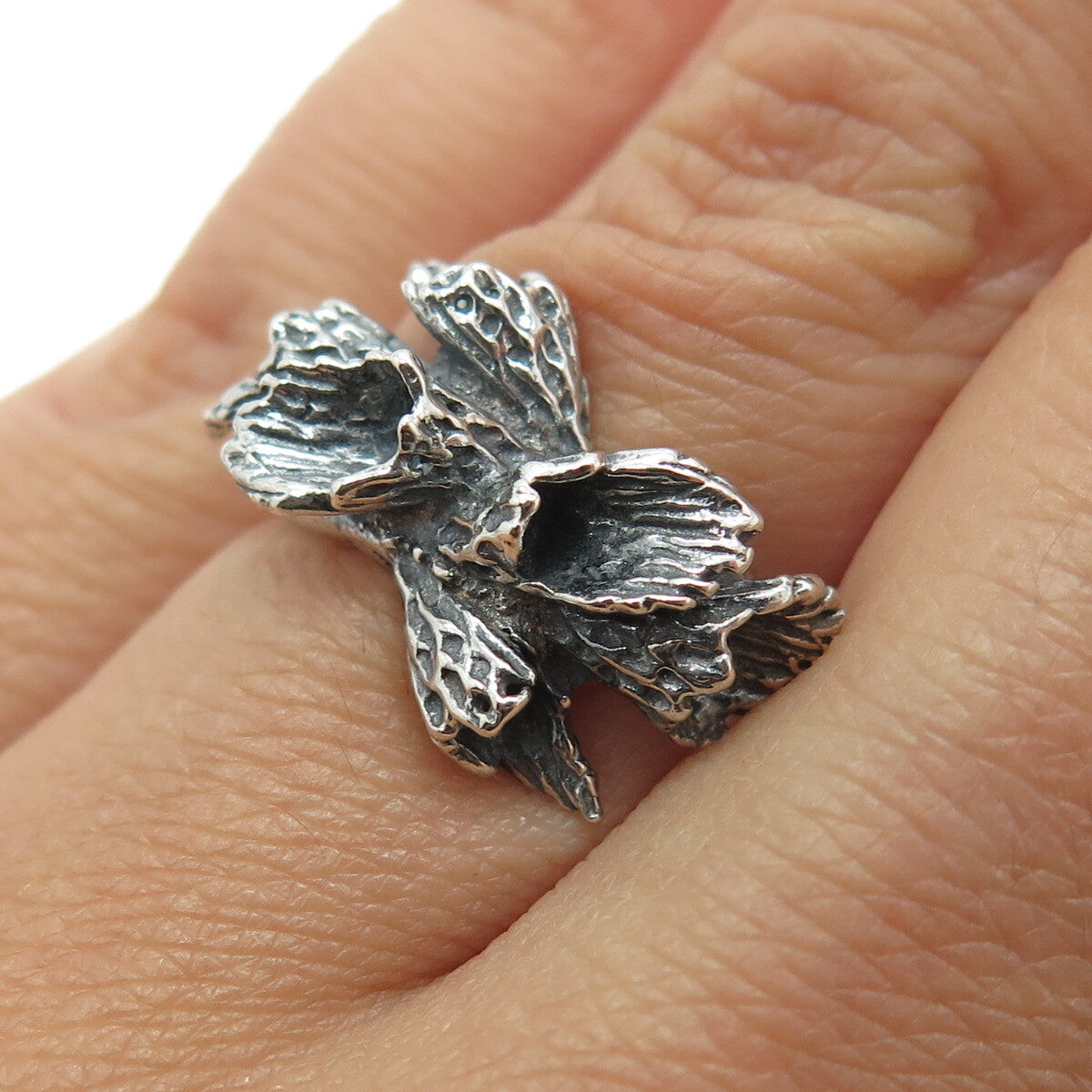 950 Silver Vintage Flower Modernist Oxidized Ring Size 5.75