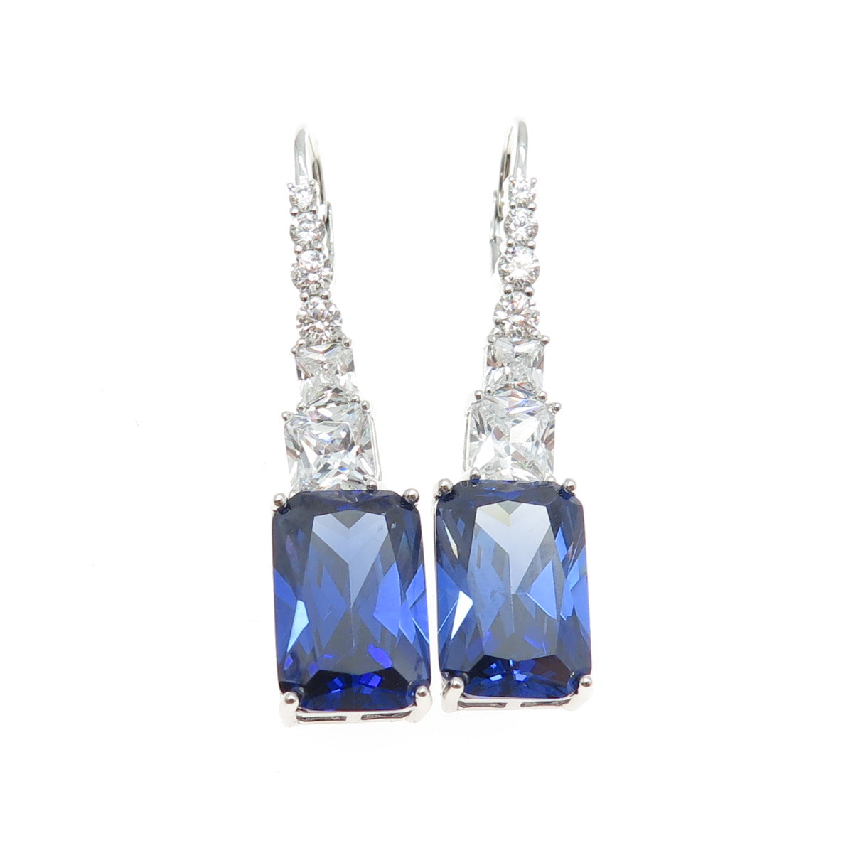 925 Sterling Silver Radiant & Princess-Cut Blue White C Z Graduated Earrings